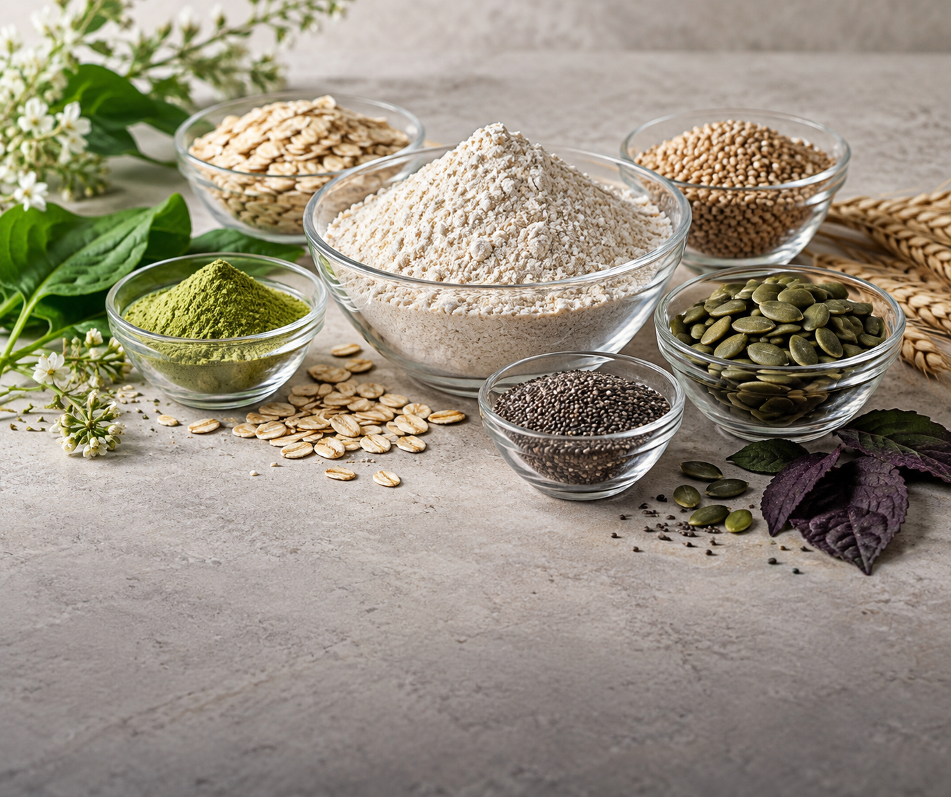 Natural grains, seeds and ingredients arranged in clear glass bowls