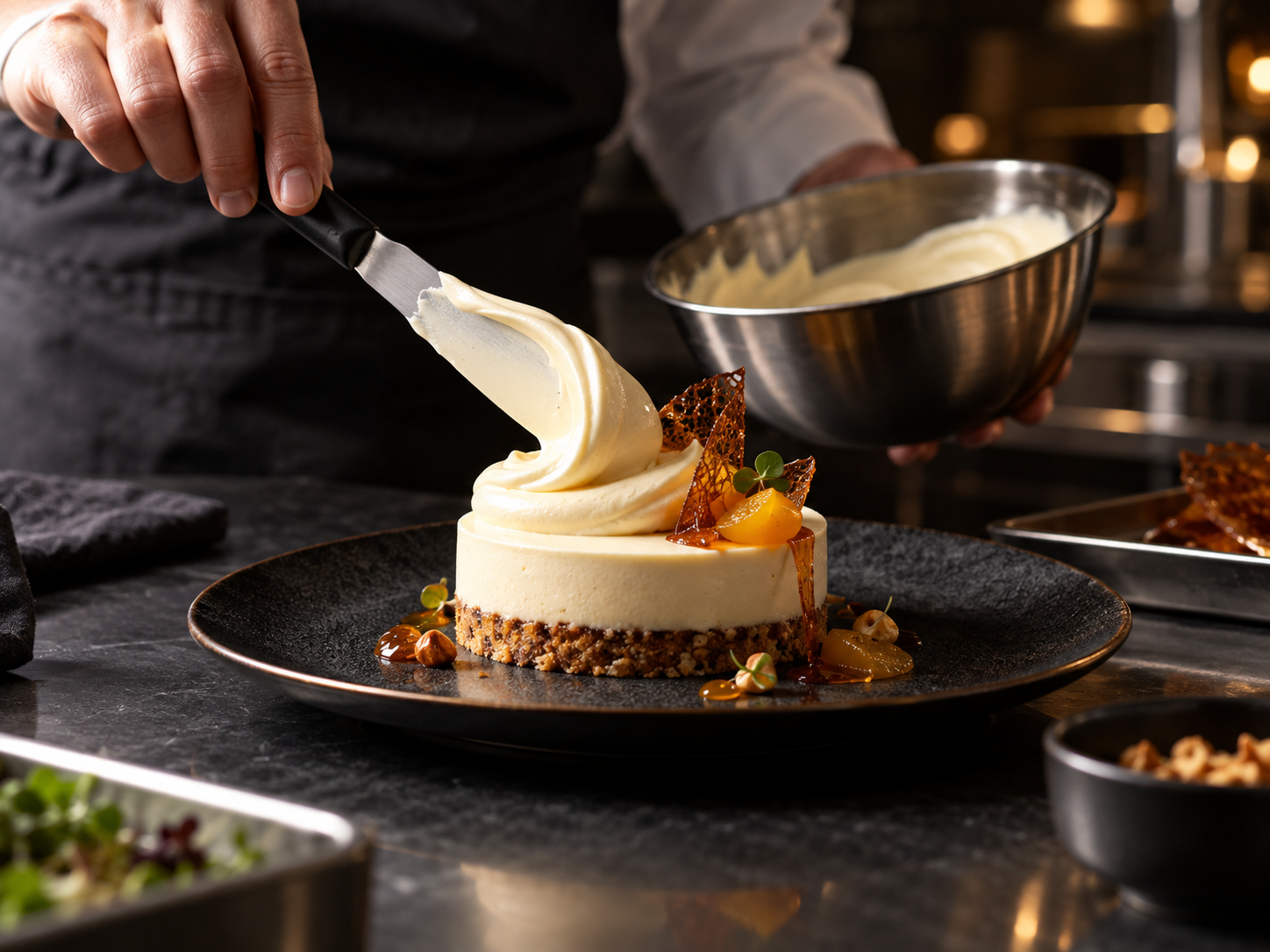 Chef finishing a plated dessert with smooth functional cream